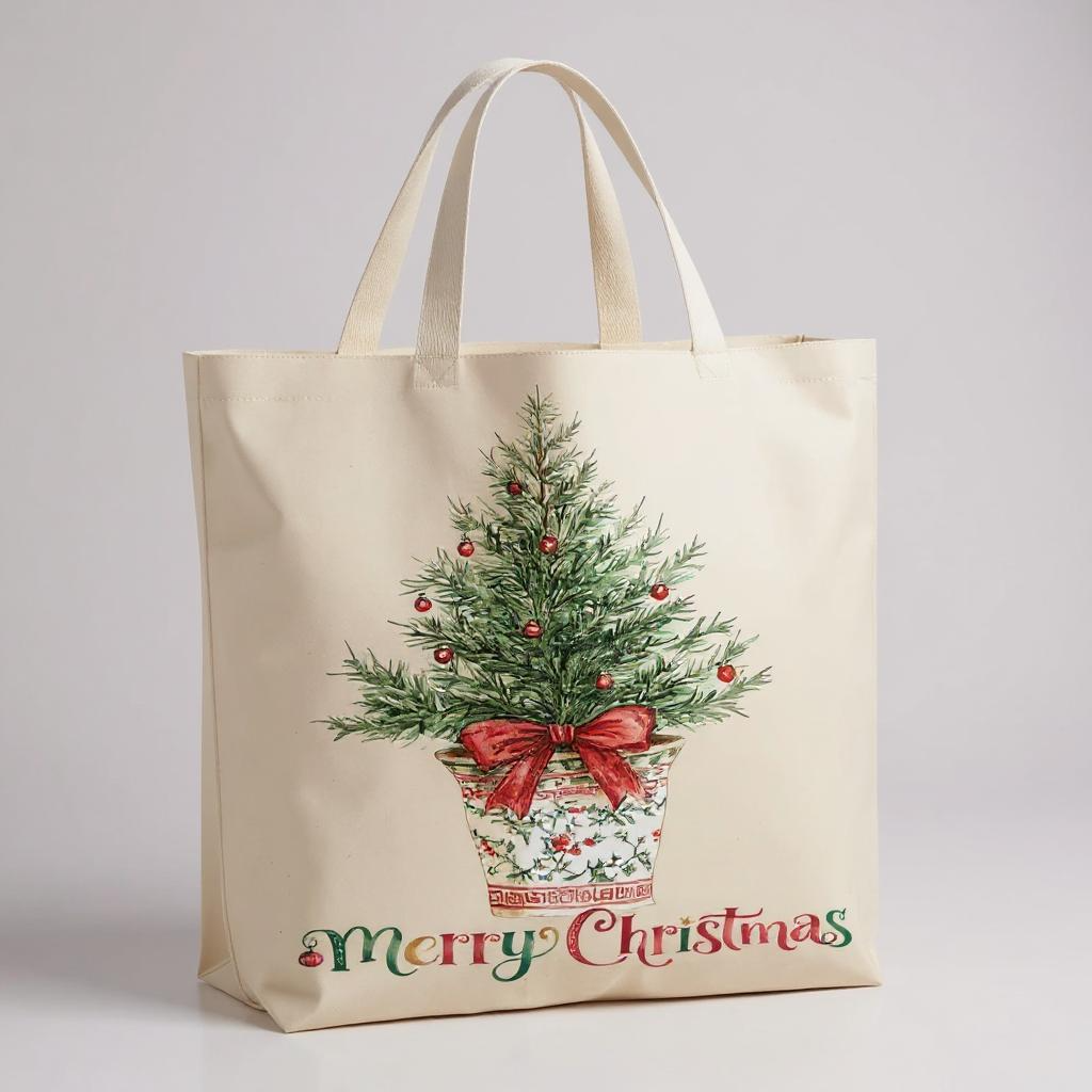 Christmas Watercolor Toile Tree Canvas Tote Bag