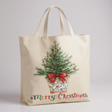 Christmas Watercolor Toile Tree Canvas Tote Bag