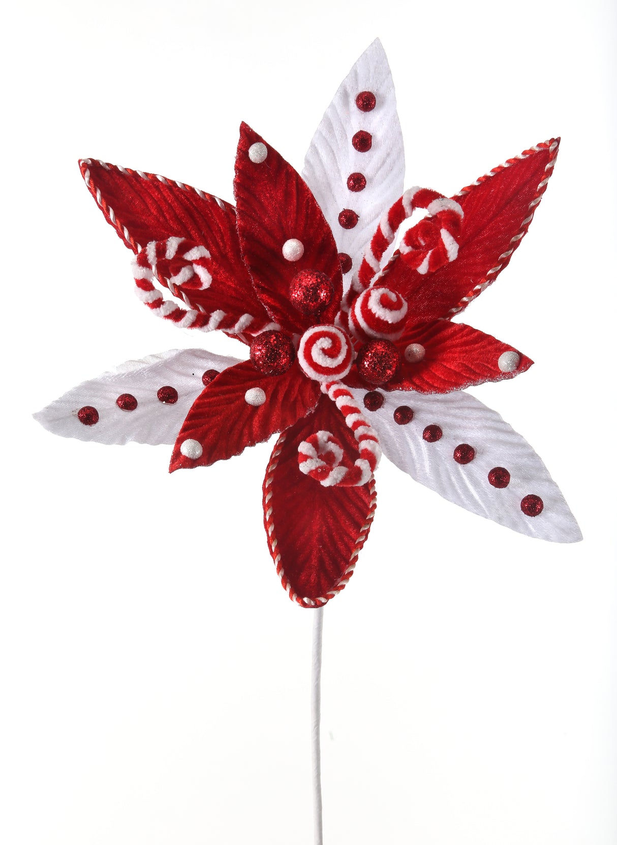 Velvet Candy Cane Poinsettia Stem – 24" Peppermint Floral Pick by Regency