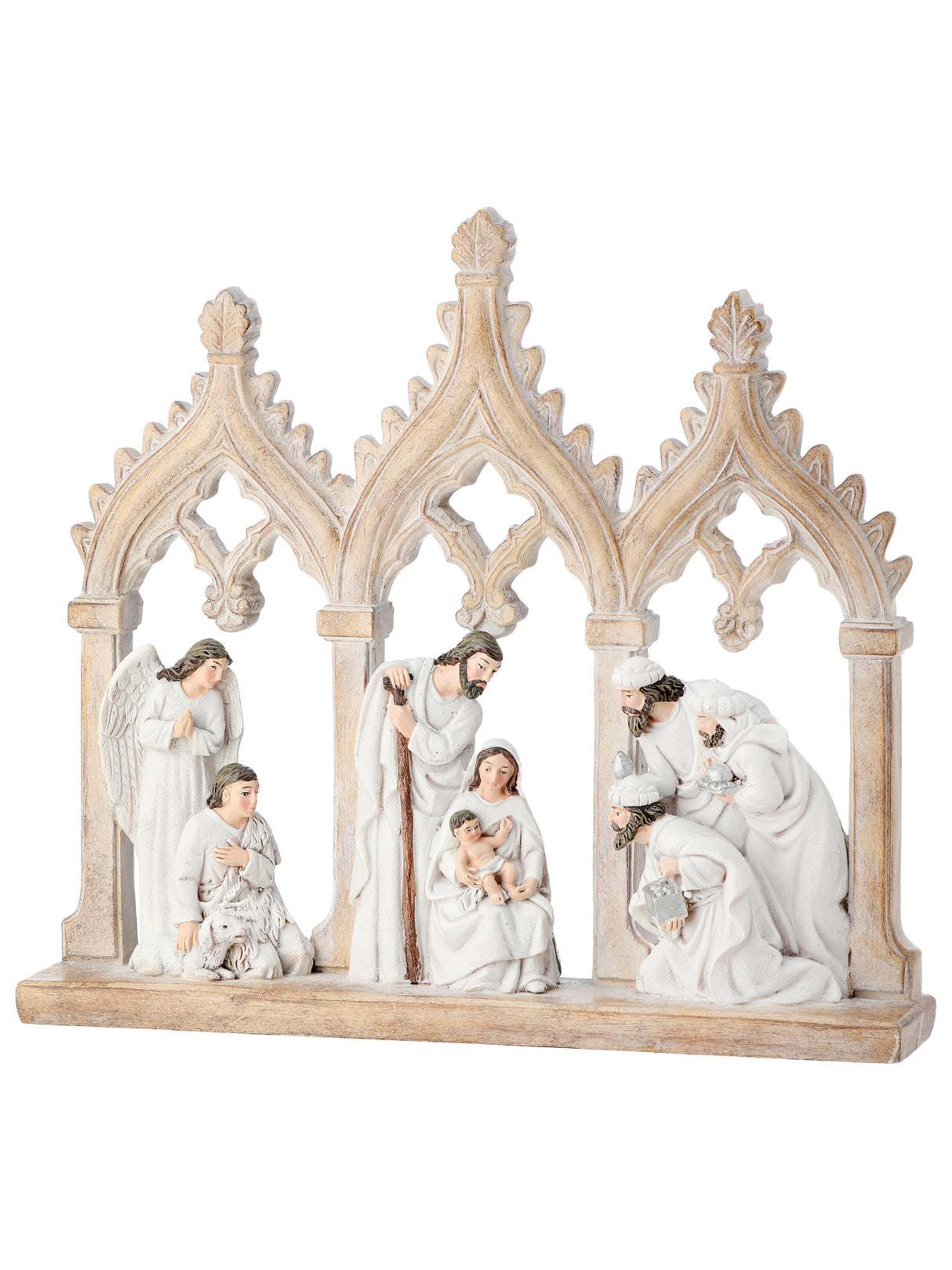 Ivory & Gold Resin Nativity Scene with Arches – Elegant Holiday Tabletop Display