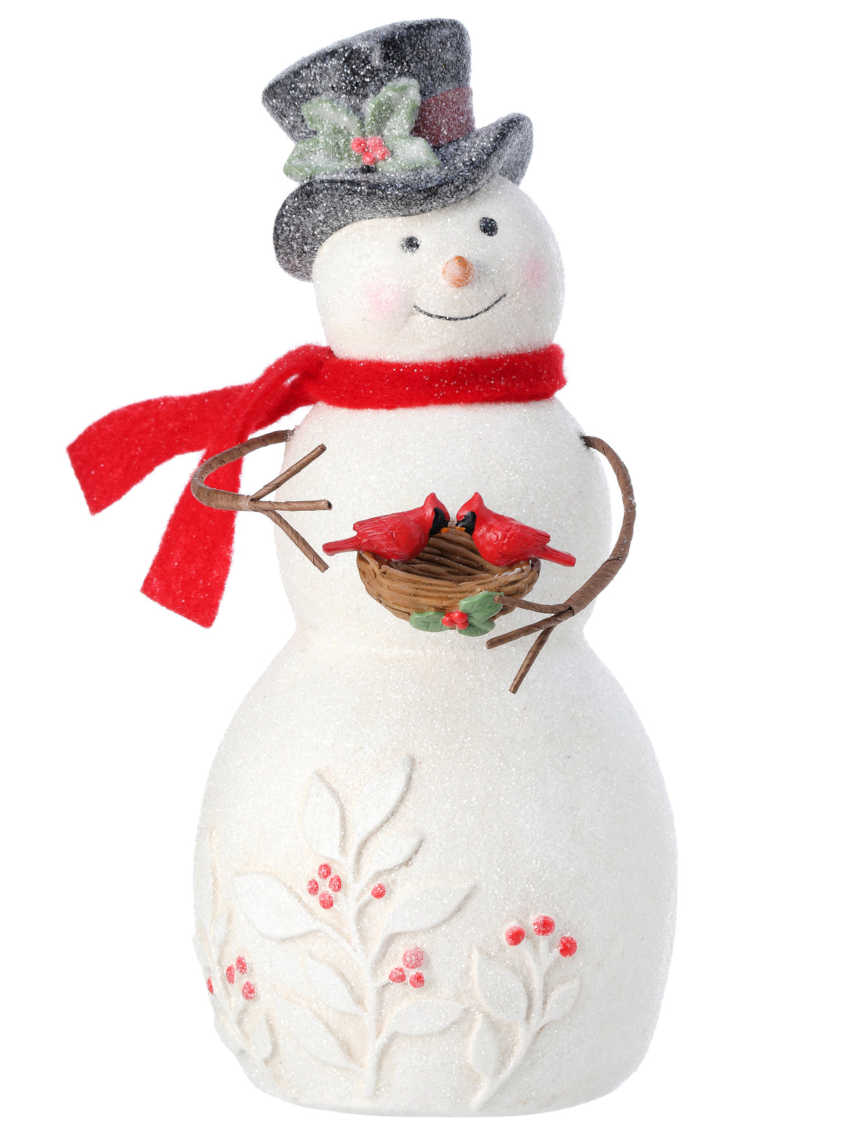 Snowman with Etched Berries and Cardinals in Nest