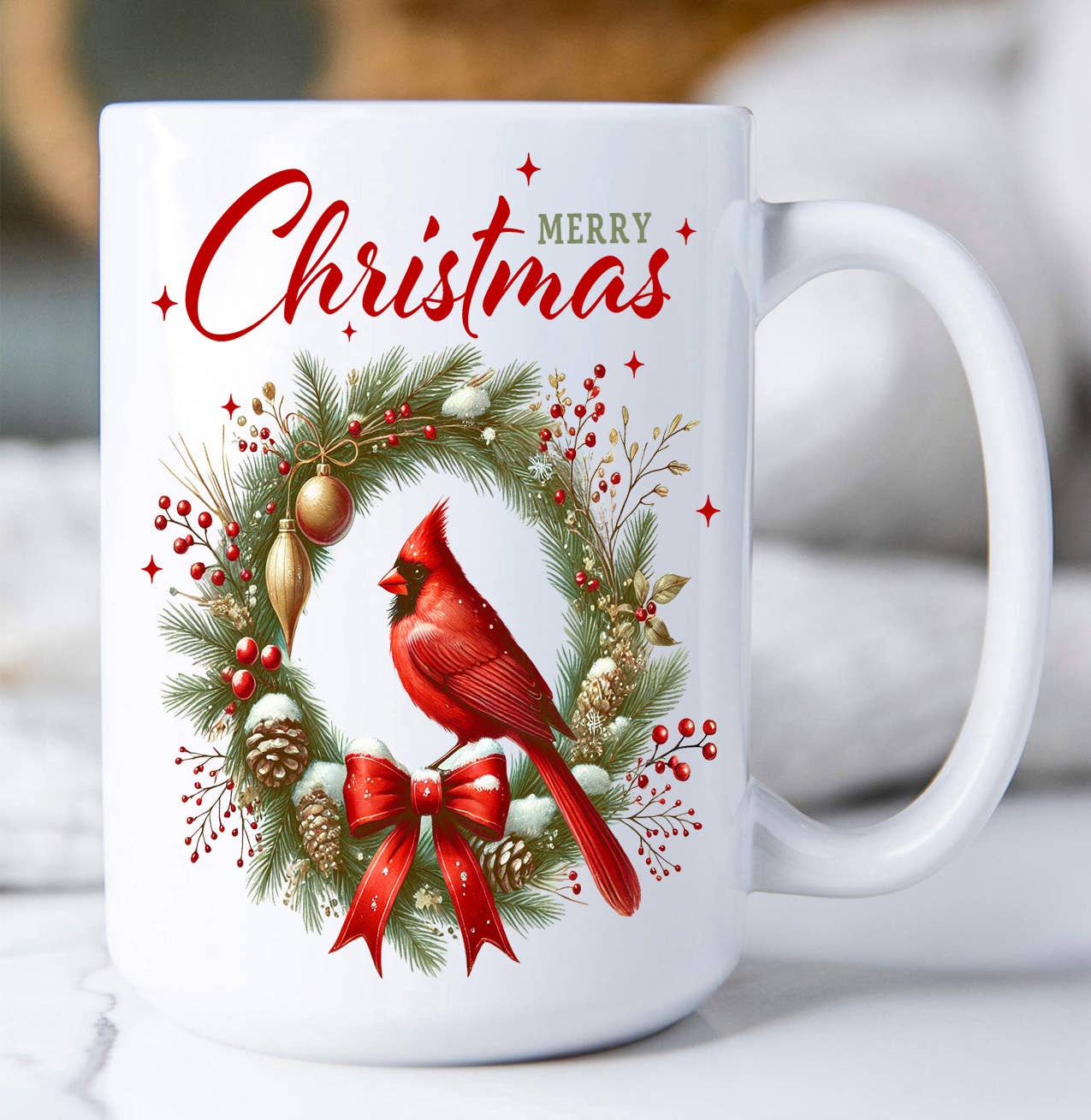 15oz ceramic Christmas mug with cardinal perched inside a holiday wreath and “Merry Christmas” text.