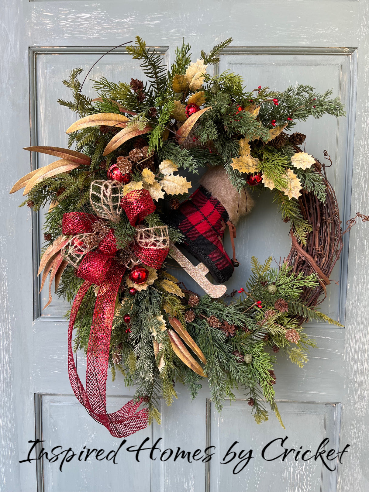 Golden Spun Holly with Plaid Skate Wreath