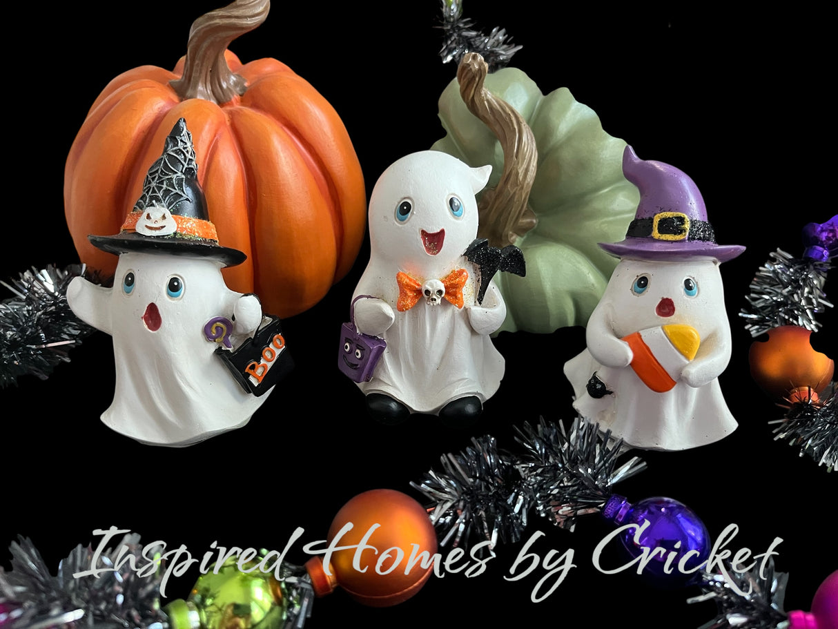 Mini Trick-or-Treat Ghost Set – Resin Halloween Figurine Accent Trio