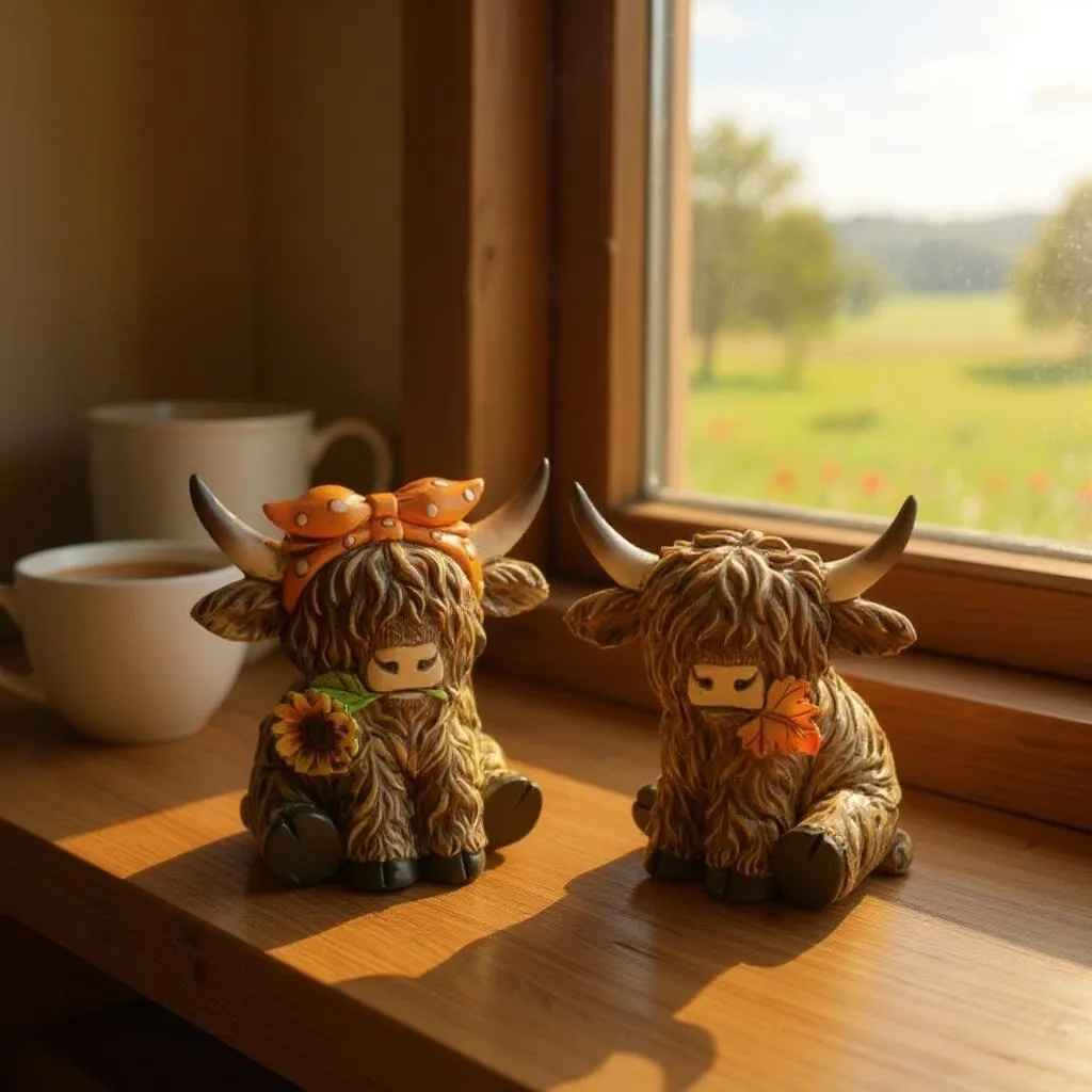 Fall Highland Cow Figurines – Rustic Farmhouse Set of 2 with Sunflower & Maple Leaf Accents