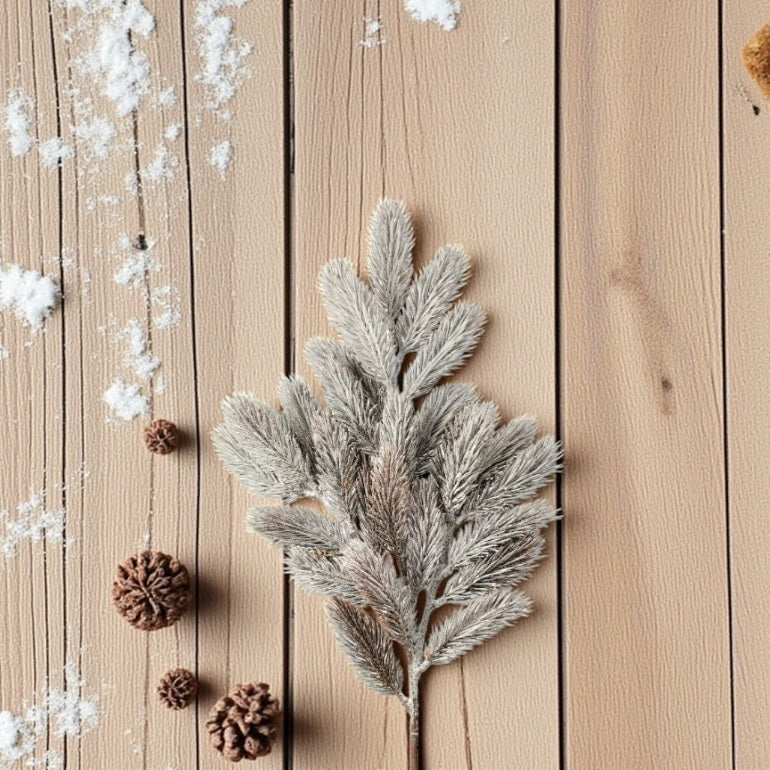 24" Smoky Mountain Ice Pine Spray – Silvery Grey Flocked Greenery Stem