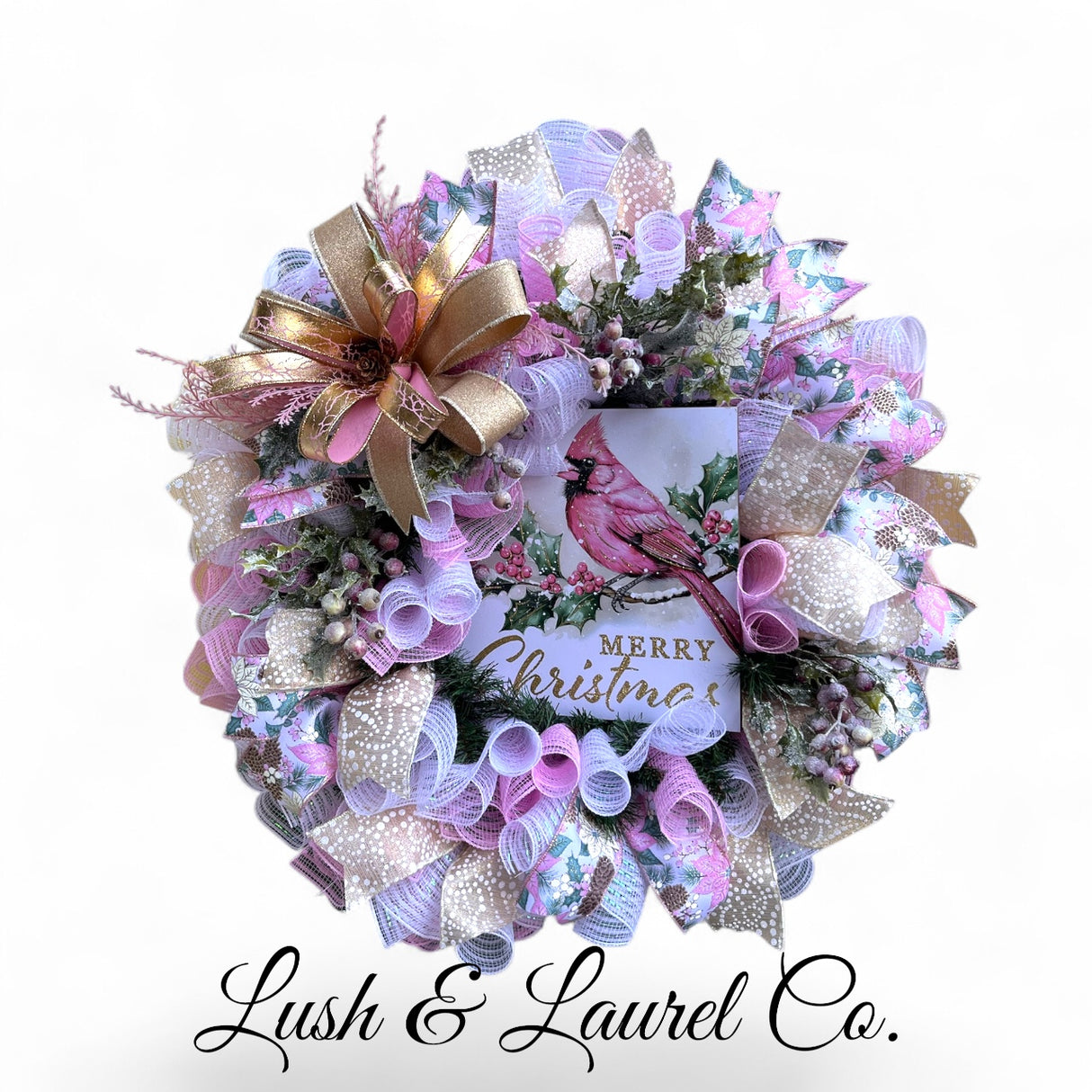 Pink Noel Cardinal Wreath – Merry Christmas Mesh Wreath with Vintage Charm