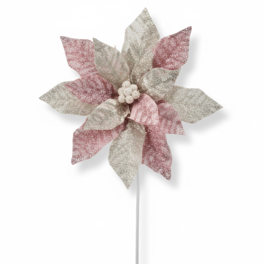 Pink & Cream Sugared Glittered Poinsettia Stem – 22"