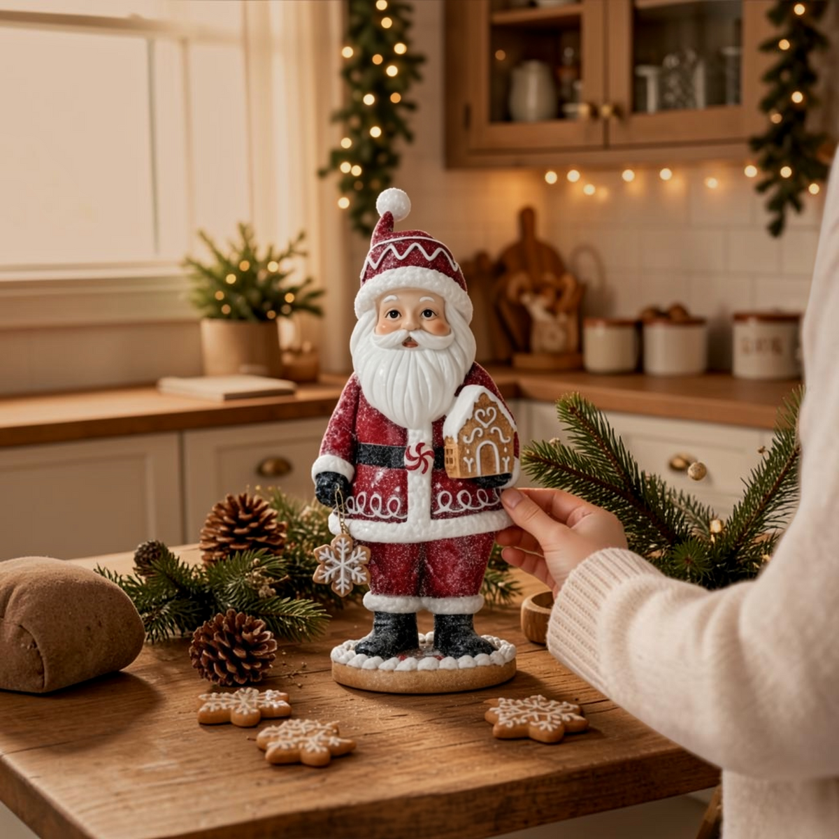 10" Gingerbread Santa with Gingerbread House Figurine