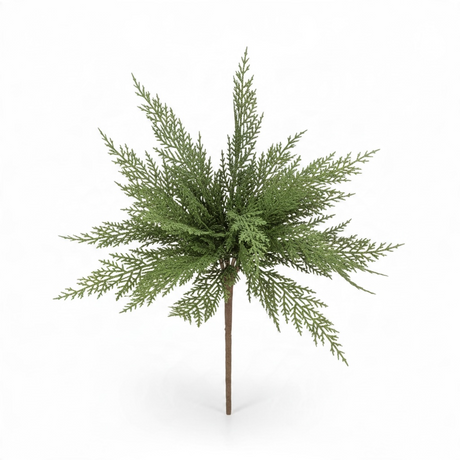 A 17-inch Real Touch cedar pick features soft, lifelike cedar foliage in fresh green tones. The layered branches spread outward from a wrapped stem, creating a natural appearance that adds texture and fullness to holiday arrangements, centerpieces, wreaths, and seasonal displays