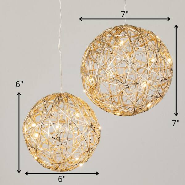 Lighted Hanging Ball Ornaments – Set of 2 | Silver or Gold Metal Globes with LED Lights