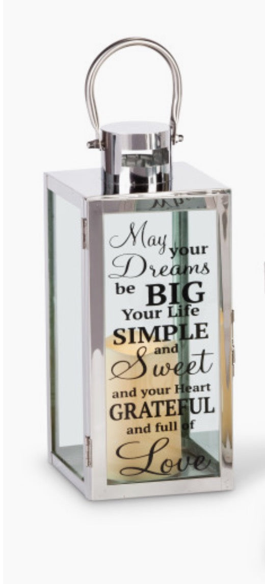 Grateful Heart Lantern – “May Your Dreams Be BIG…”  Polished Metal LED Lantern