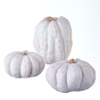 Three white pumpkins with gold accents on a white background