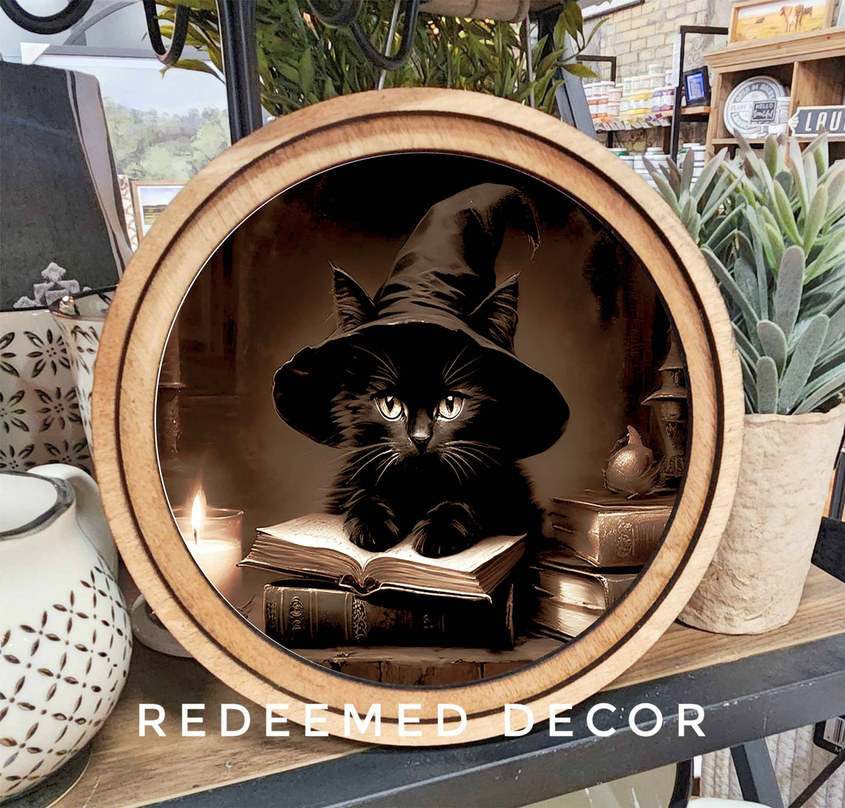 Black Cat & Spell Books – 8” Round Enchanted Canvas Art