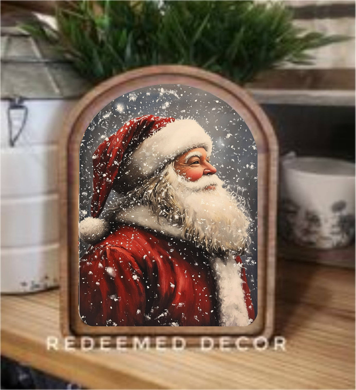 Santa in Quiet Snowfall – 6” x 8” Arched Winter Framed Art