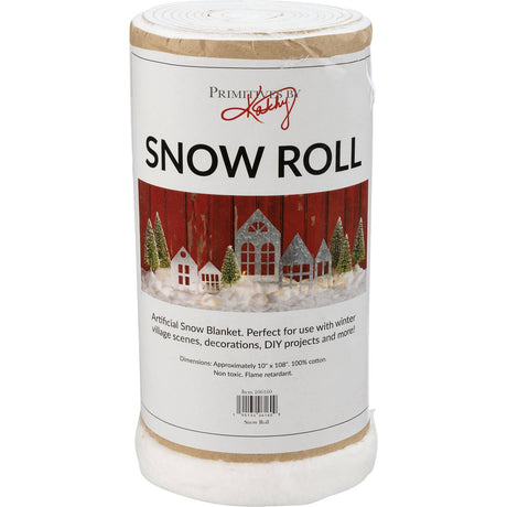 Artificial snow blanket roll in retail packaging, featuring a winter village scene on the label and designed for holiday displays and DIY projects.