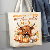 Fall Highland Cow Y'All Pumpkins Canvas Tote Bag