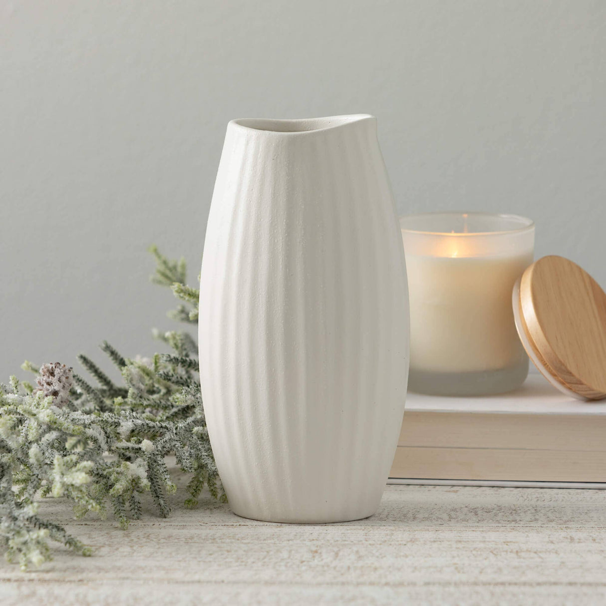 Textured White Ribbed Vase – Matte Ceramic Accent with Sculptural Detail