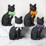 Black Cat Tabletop Décor – Resin Woven‑Rattan Look with Bow (Halloween & Fall Decor)