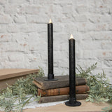Set of two matte black taper candles available in 9.5" or 6.75" heights, perfect for moody farmhouse, gothic, or holiday décor.