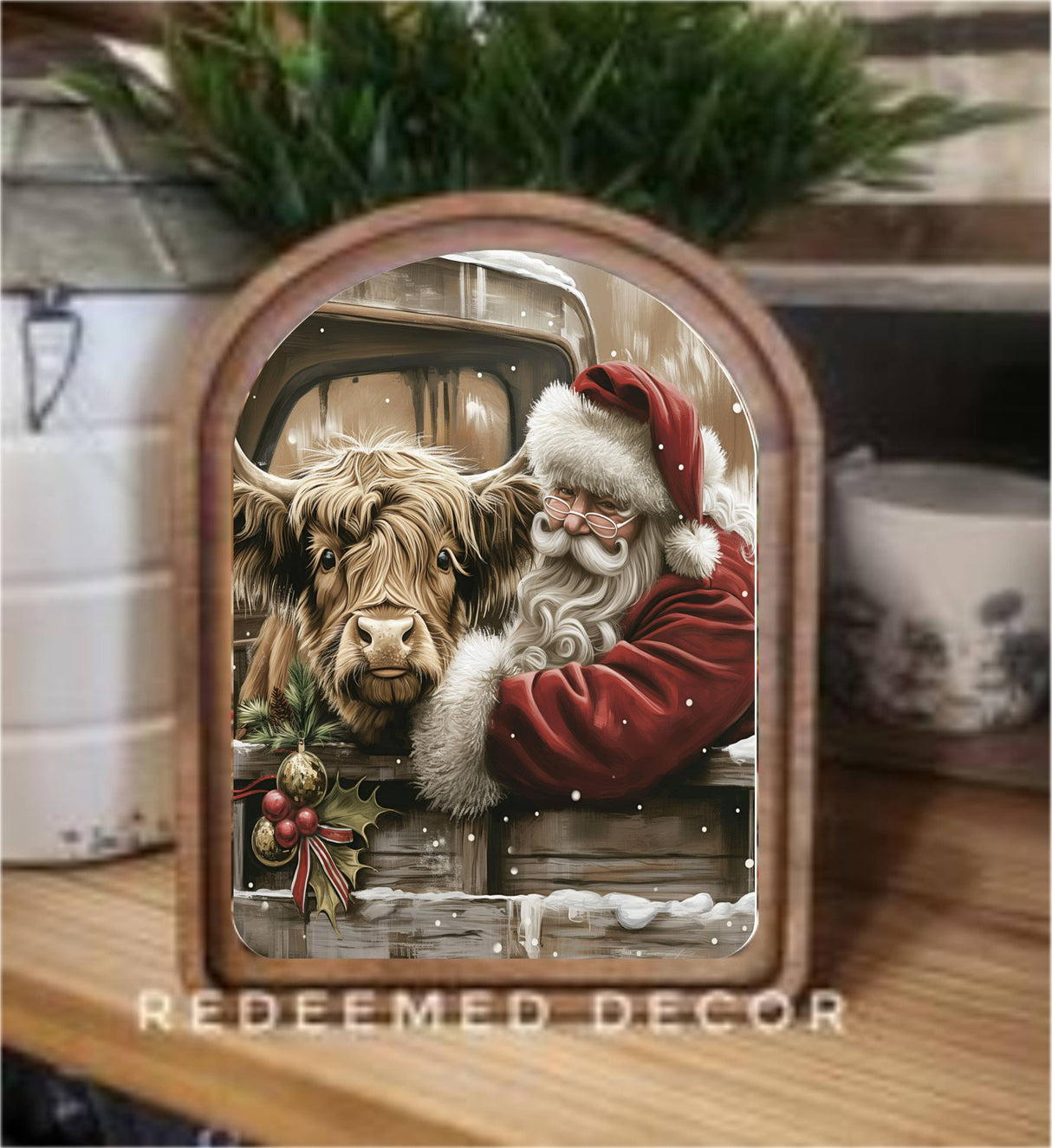 Santa & Highland Cow – 6” x 8” Arched Christmas Farmhouse Framed Art