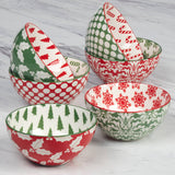 Winter Medley 4.75" porcelain all‑purpose bowl with assorted red and green Christmas patterns, decorated inside and out, by Certified International