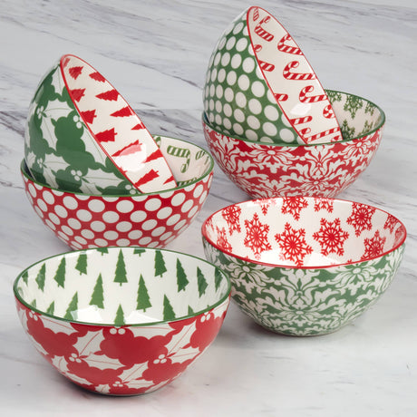 Winter Medley 4.75" porcelain all‑purpose bowl with assorted red and green Christmas patterns, decorated inside and out, by Certified International