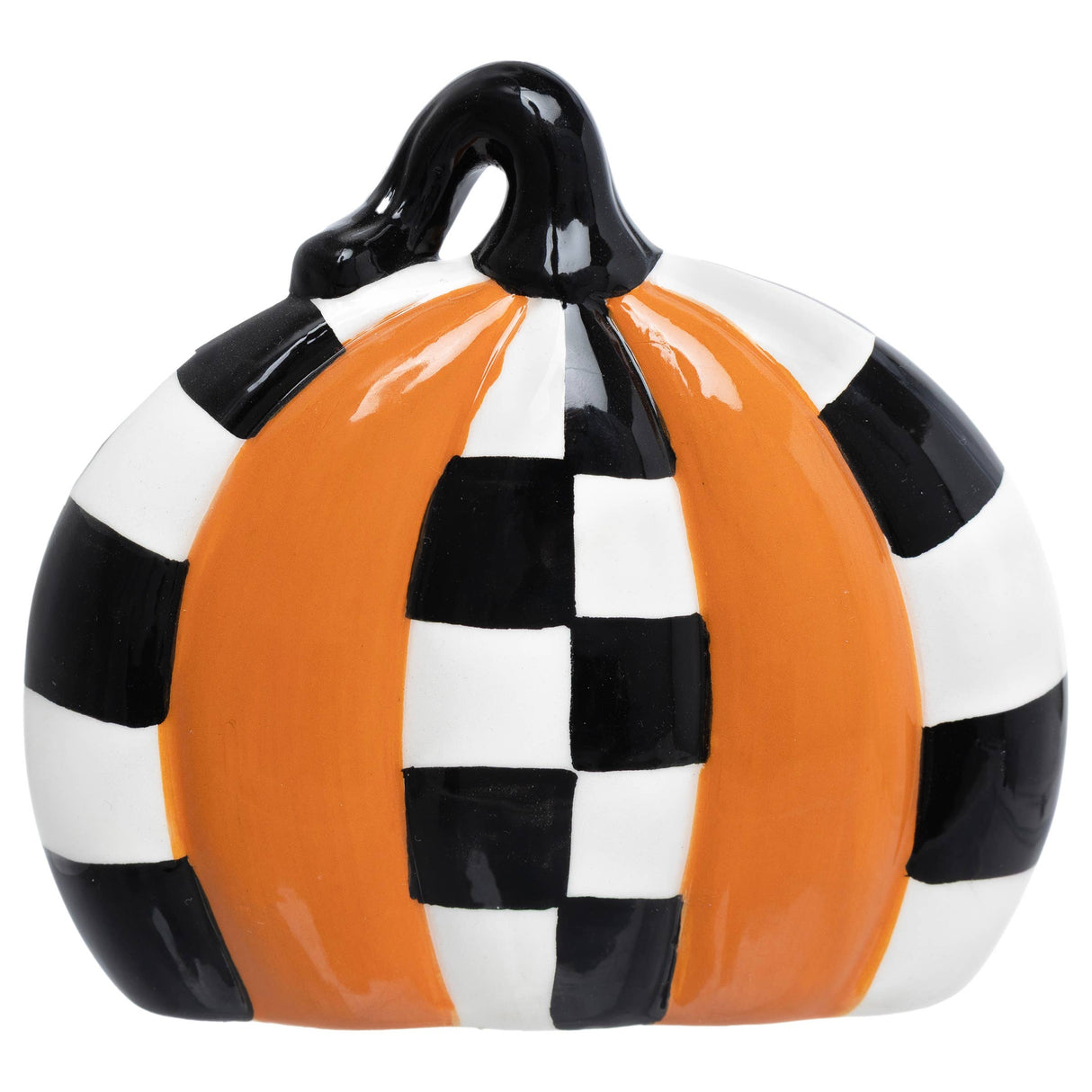 Small ceramic pumpkin with alternating orange and black‑and‑white check panels and a glossy black stem.