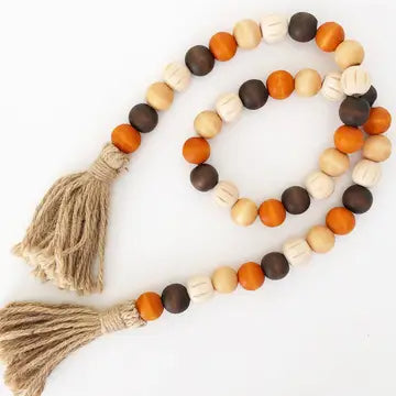 Pumpkin Patch Whispers Beaded Garland – 39" Real Wood Beads in Autumn Hues with Pumpkin Carvings